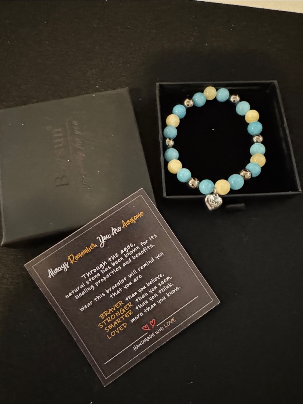 Blue and Cream Beaded Bracelet with Heart Charm by